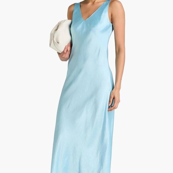 SIZE LARGE** NWT Vince Ice Blue Crinkle Satin Maxi Dress Sleeveless Tank $425 - Picture 1 of 9